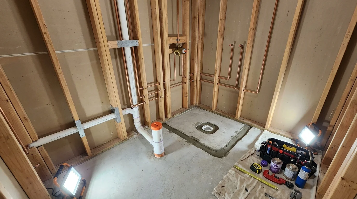 Bathroom rough-in plumbing during remodel by Johns Plumbing LLC in Bandera