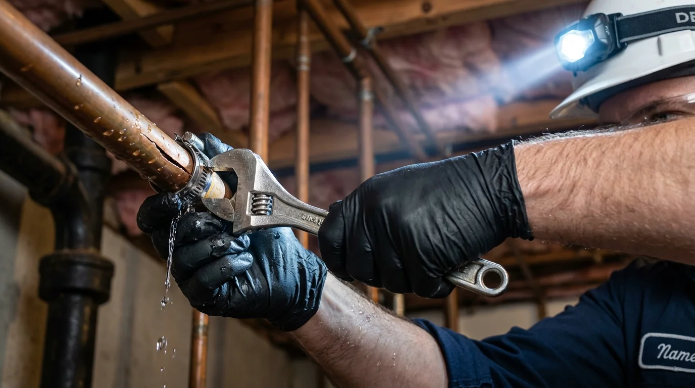 Emergency pipe clamp repair being performed by a Johns Plumbing LLC plumber in Bandera