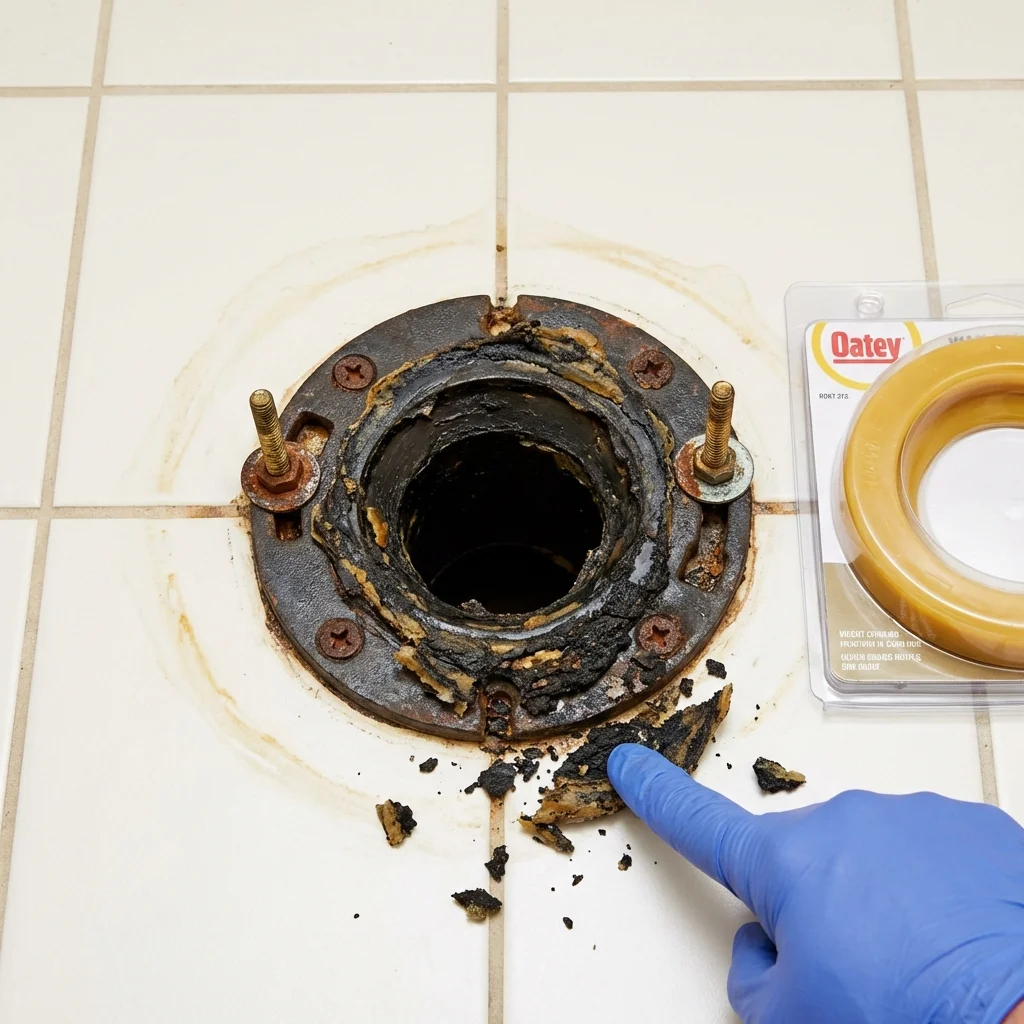 Failed wax ring showing water seepage at the base of a toilet in a Bandera, TX home